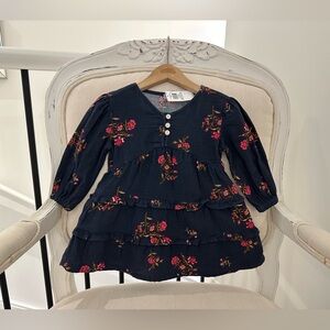 🐇 Baby 12~18 Mth Muslin Cotton Navy Floral Tiered Boho Baby Dress NWT